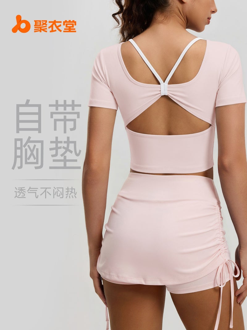 Ju Yi Tang （ Fu Shi ） Juyitang New Butterfly Back Yoga Top with Built-in Pads Short Sleeve Cross Sports Breathable Fitness Shirt - Image 2