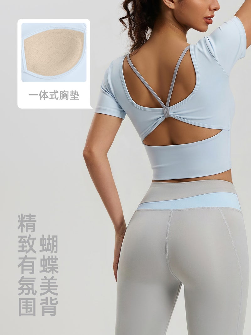 Ju Yi Tang （ Fu Shi ） Juyitang New Butterfly Back Yoga Top with Built-in Pads Short Sleeve Cross Sports Breathable Fitness Shirt - Image 3