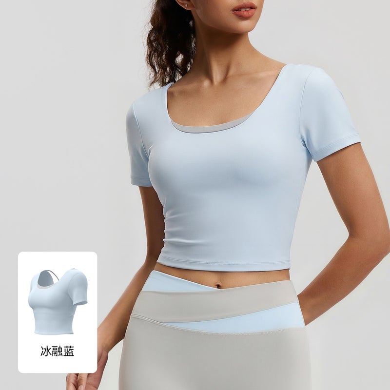 Ju Yi Tang （ Fu Shi ） Juyitang New Butterfly Back Yoga Top with Built-in Pads Short Sleeve Cross Sports Breathable Fitness Shirt - Image 1