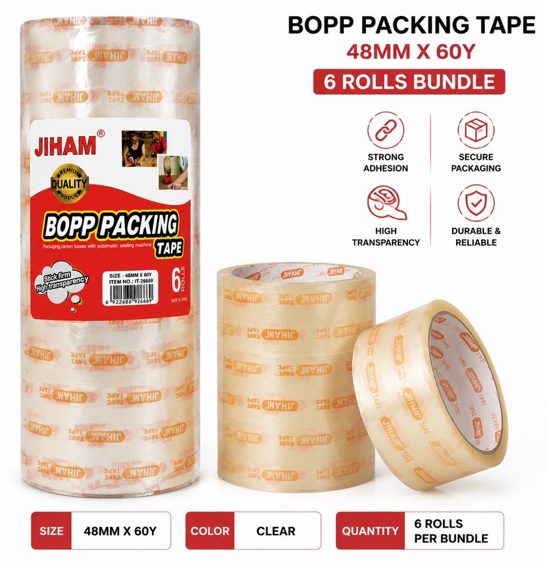جيهام شريط تغليف شفاف من مادة BOPP (مقاس 48 مم × 60 ياردة، عبوة من 6 لفات)؛ شريط تغليف متين وعالي التحمل يتميز بلاصق قوي وشفافية عالية، مثالي لإغلاق صناديق الطرود، وعمليات النقل والشحن، والاستخدامات المكتبية والمنزلية. - Image 2