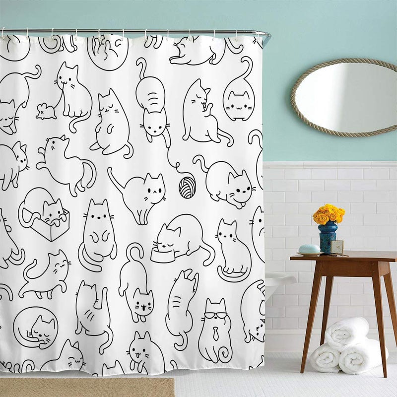 IcosaMro Cat Shower Curtain for Bathroom with Hooks Black and White Cute Cartoon Colorful Kittens Funny Decorative Long Cloth Fabric Shower Curtain 71x72 Inches