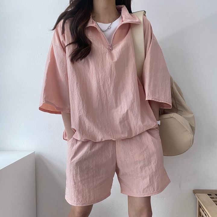 Womens Casual Chic Zip-Up Turtleneck Short Set 073 pink (clothes + pants)