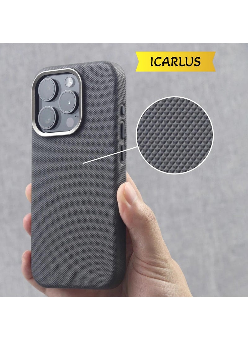 ICARLUS - Luxury Metal Lens Frame Case for iPhone 15 Pro Magsafe Wireless Charger Magnetic Shockproof Cover Grey - Image 1