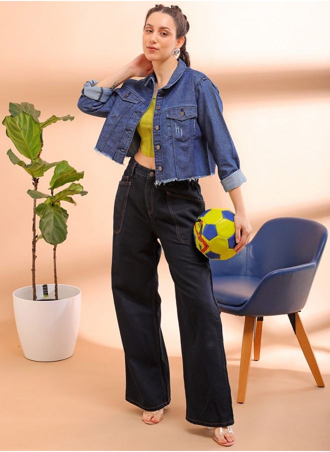 Freehand - Women Street Slim Fit Long Sleeve Distressed Crop Denim Jacket - Image 1
