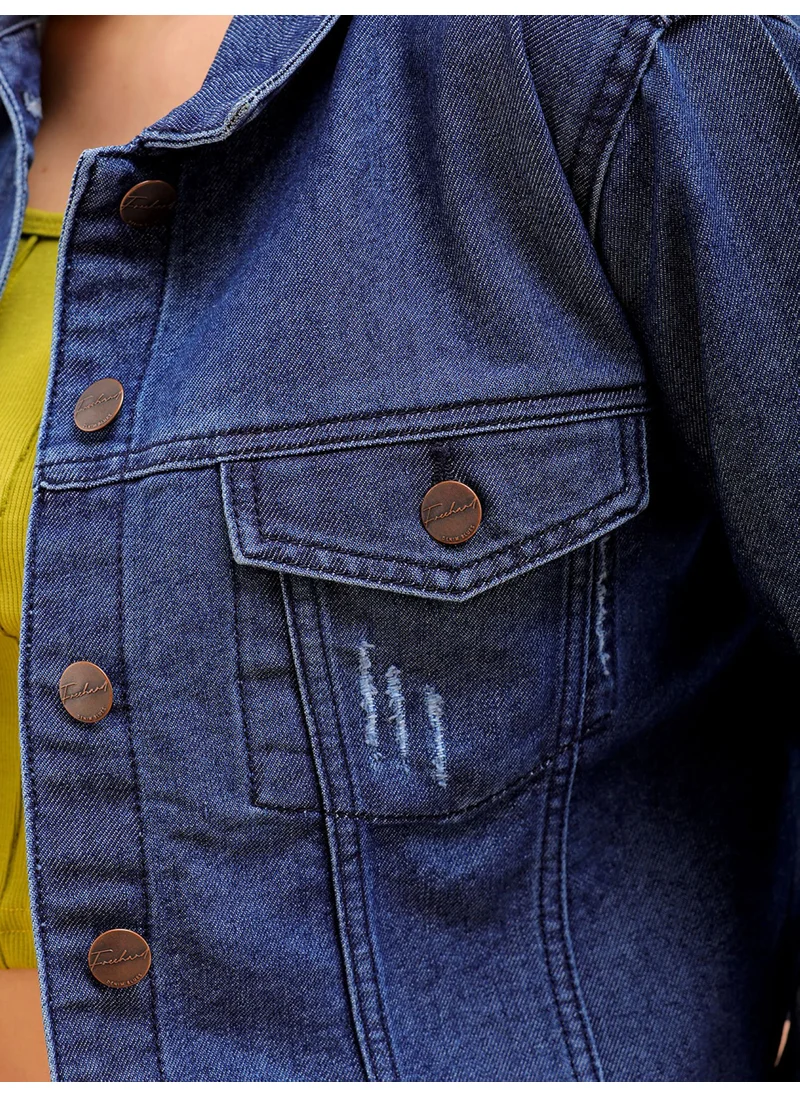 مرفوعة Women Street Slim Fit Long Sleeve Distressed Crop Denim Jacket