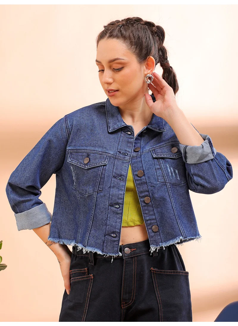 مرفوعة Women Street Slim Fit Long Sleeve Distressed Crop Denim Jacket