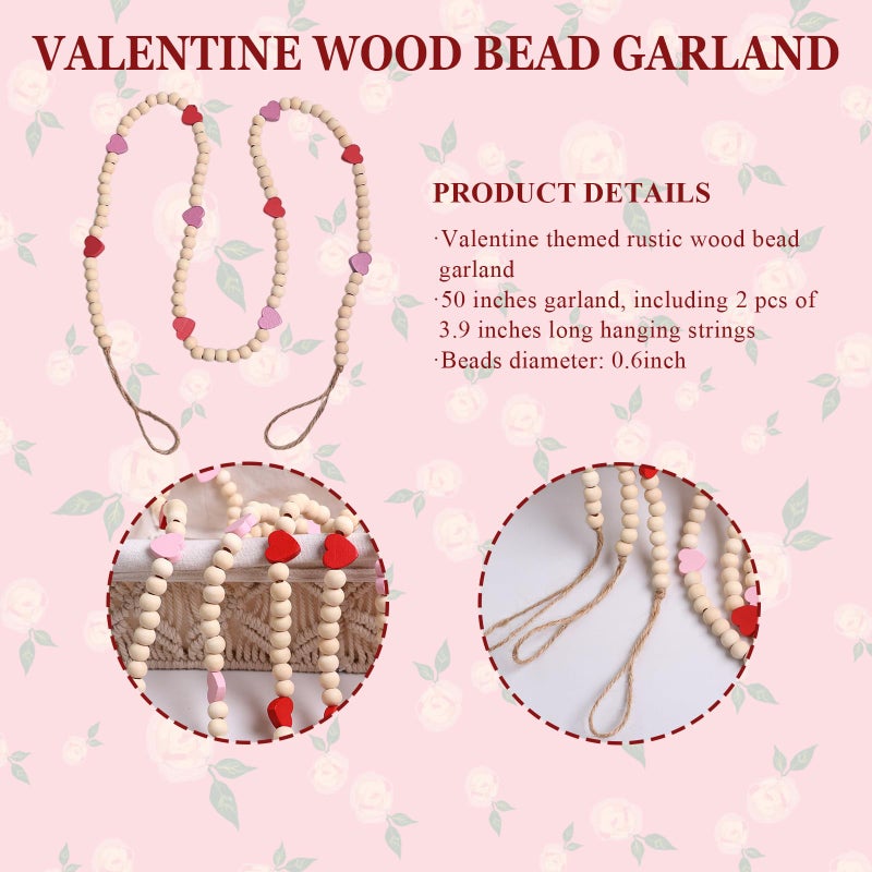 Sfoni Valentines' Day Decor, Red Pink Heart Wooden Bead Garland for Tiered Tray Hanging Banner for Home Farmhouse Office Wall Fireplace Mantel Shelf Proposal Wedding Party Decor, 50 Inch - Image 3
