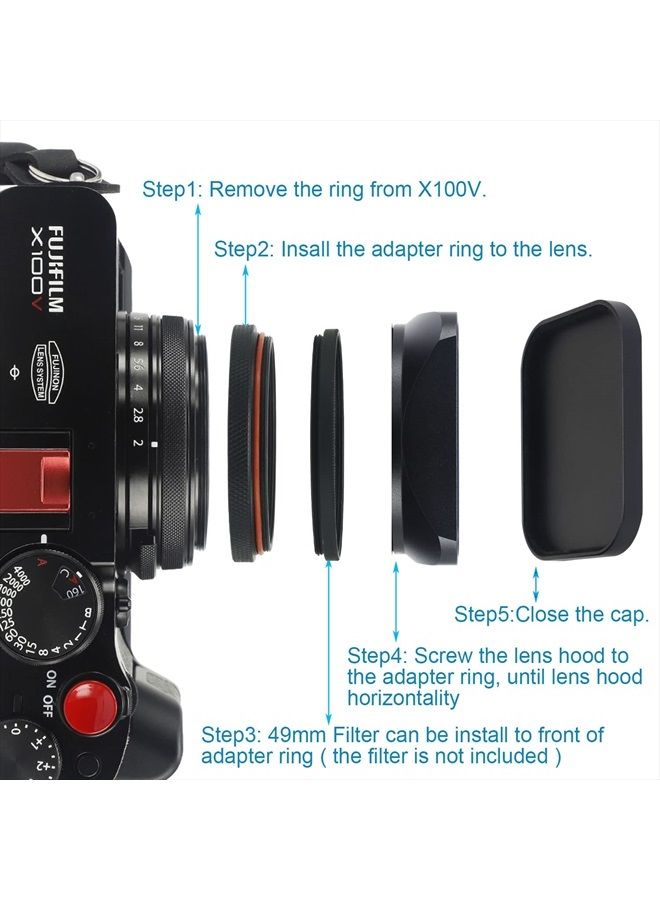 Haoge LH-X200S Square Metal Lens Hood with 49mm Adapter Ring Metal Cap for Fujifilm Fuji X100V X100F X100T X100S X70 Fuji Photo Camera Accessories Silver - Image 5