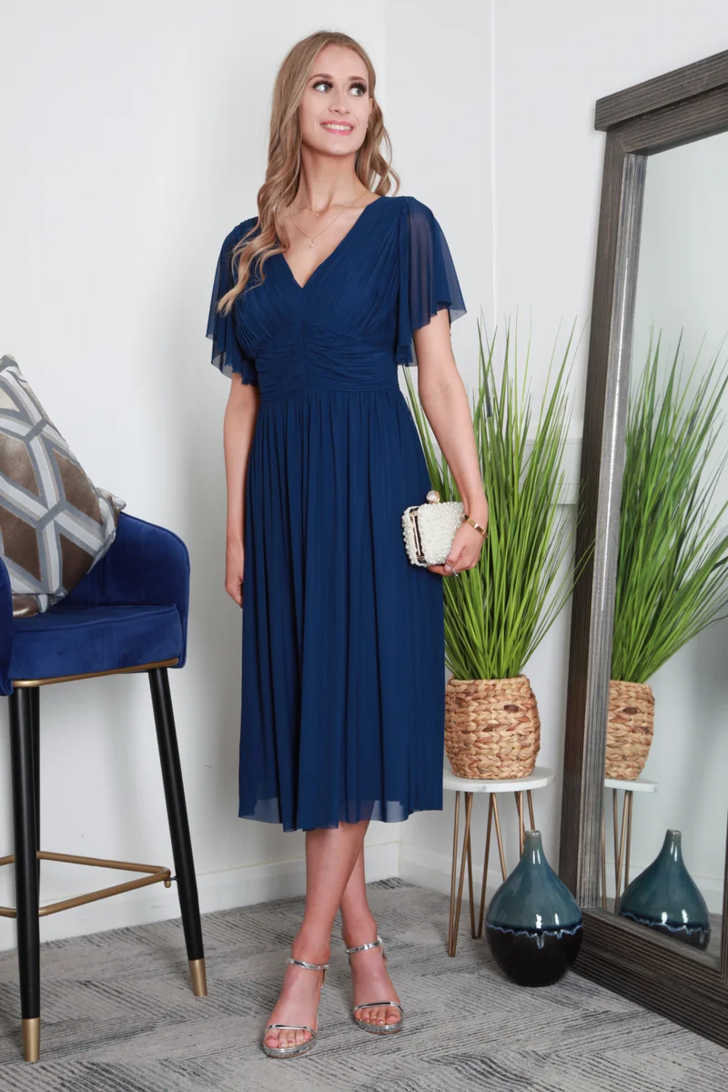 Double Second Pleated Tulle V-Neck Angel Sleeve Midi Dress