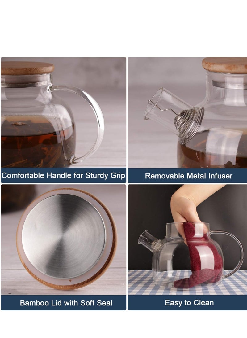 1Chase Borosilicate Glass Teapot with Bamboo Lid and Removable Infuser 1000ML, Double Wall Glass Coffee Cups Handle 250 ML (2 Pcs)  - Image 3