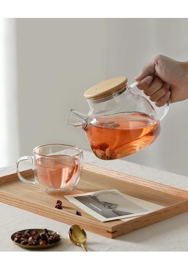1Chase Borosilicate Glass Teapot with Bamboo Lid and Removable Infuser 1000ML, Double Wall Glass Coffee Cups Handle 250 ML (2 Pcs)  - Image 2