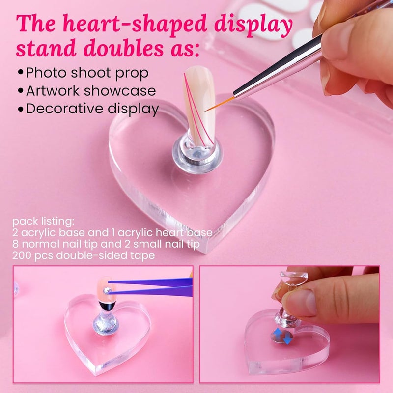ESUOHYM Nail Stand for Press On Art Display Practice 2 Set, 1 Heart Shaped Acrylic Magnetic Nail Stand, Fake Nail Holder with 200 Pieces Double-sided Tape, For Home DIY Salon Supplies (Walnut, Medium) - Image 4