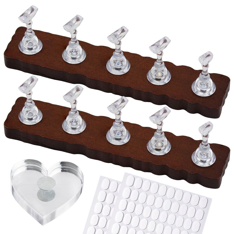 ESUOHYM Nail Stand for Press On Art Display Practice 2 Set, 1 Heart Shaped Acrylic Magnetic Nail Stand, Fake Nail Holder with 200 Pieces Double-sided Tape, For Home DIY Salon Supplies (Walnut, Medium) - Image 1