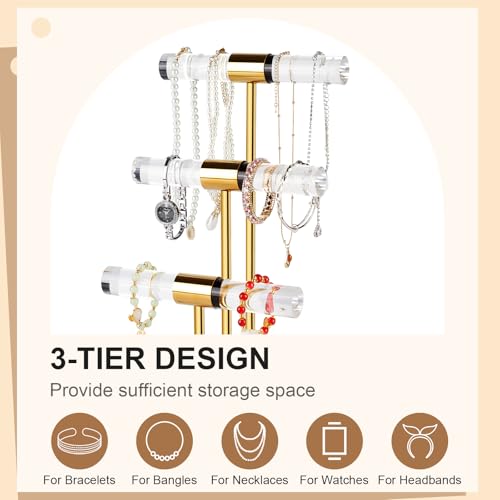 Jolboldy 3-Tier Necklace Holder Bracelet Holder, Gold Acrylic Jewelry Display Stand Crystal T Bar Jewelry Organizer Gift for Women - Image 2