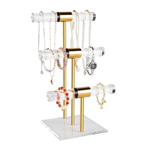 Jolboldy 3-Tier Necklace Holder Bracelet Holder, Gold Acrylic Jewelry Display Stand Crystal T Bar Jewelry Organizer Gift for Women - Image 1