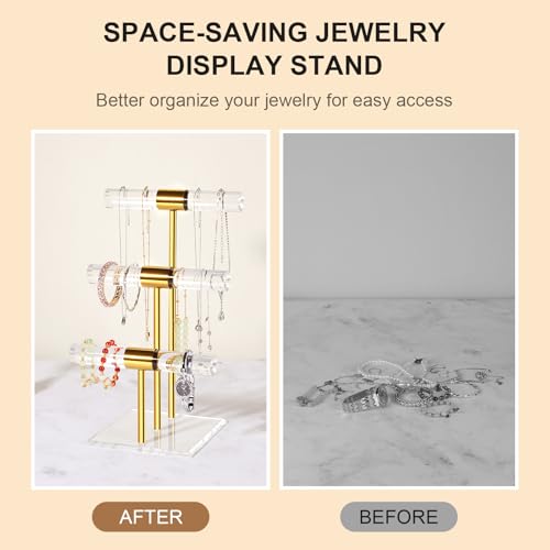 Jolboldy 3-Tier Necklace Holder Bracelet Holder, Gold Acrylic Jewelry Display Stand Crystal T Bar Jewelry Organizer Gift for Women - Image 4