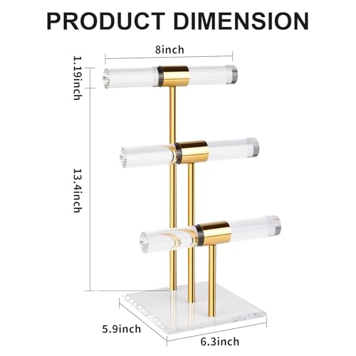 Jolboldy 3-Tier Necklace Holder Bracelet Holder, Gold Acrylic Jewelry Display Stand Crystal T Bar Jewelry Organizer Gift for Women - Image 3