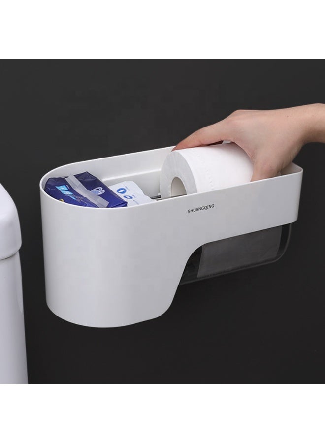 Wall Mounted Bathroom Toilet Paper Holder with Storage Rack – No-Drill Plastic Tissue Box Organizer - Image 3
