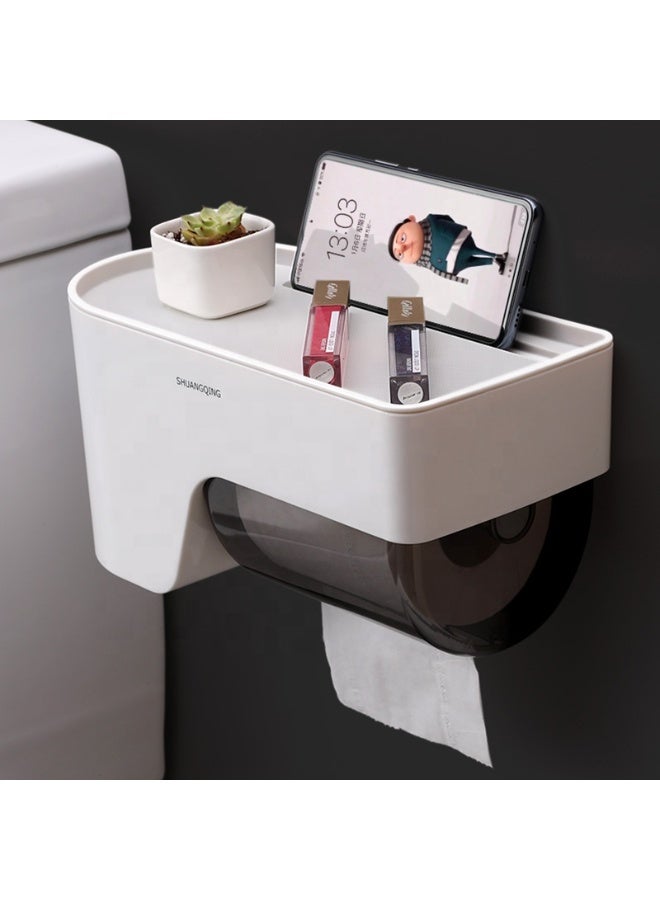 Wall Mounted Bathroom Toilet Paper Holder with Storage Rack – No-Drill Plastic Tissue Box Organizer - Image 2