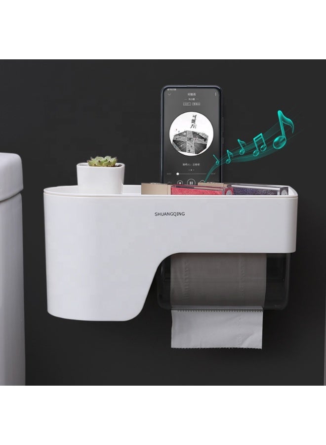 Wall Mounted Bathroom Toilet Paper Holder with Storage Rack – No-Drill Plastic Tissue Box Organizer - Image 1