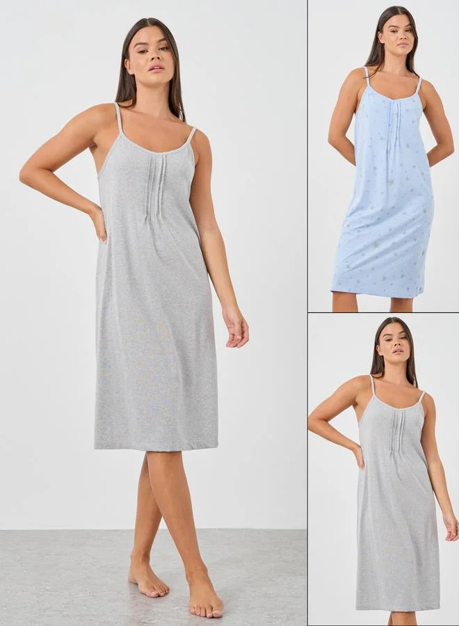 Styli Styli Pack of 2 - Solid and Star Print Pintuck Detail Slip Dress