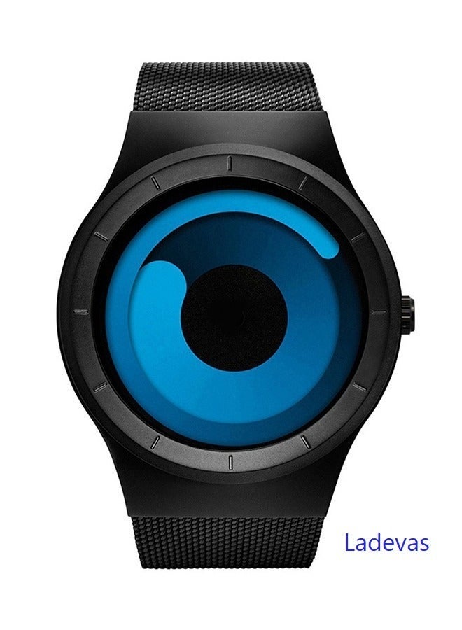 Ladevas Artistic Blue Rotating Disc Watch with Matte Black Frame – Innovative Time Display – Adjustable Mesh Loop Bracelet - Image 2