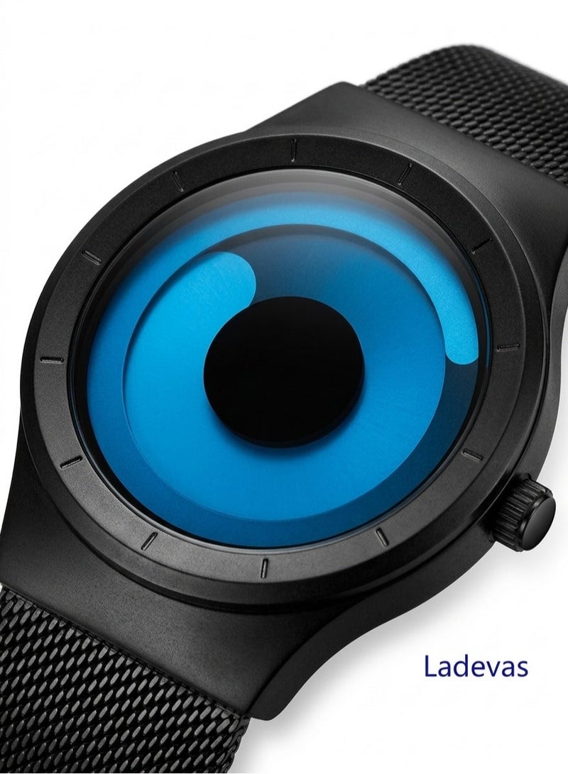 Ladevas Artistic Blue Rotating Disc Watch with Matte Black Frame – Innovative Time Display – Adjustable Mesh Loop Bracelet - Image 1