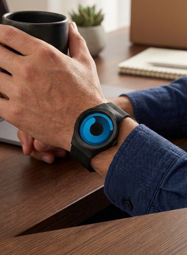 Ladevas Artistic Blue Rotating Disc Watch with Matte Black Frame – Innovative Time Display – Adjustable Mesh Loop Bracelet - Image 3