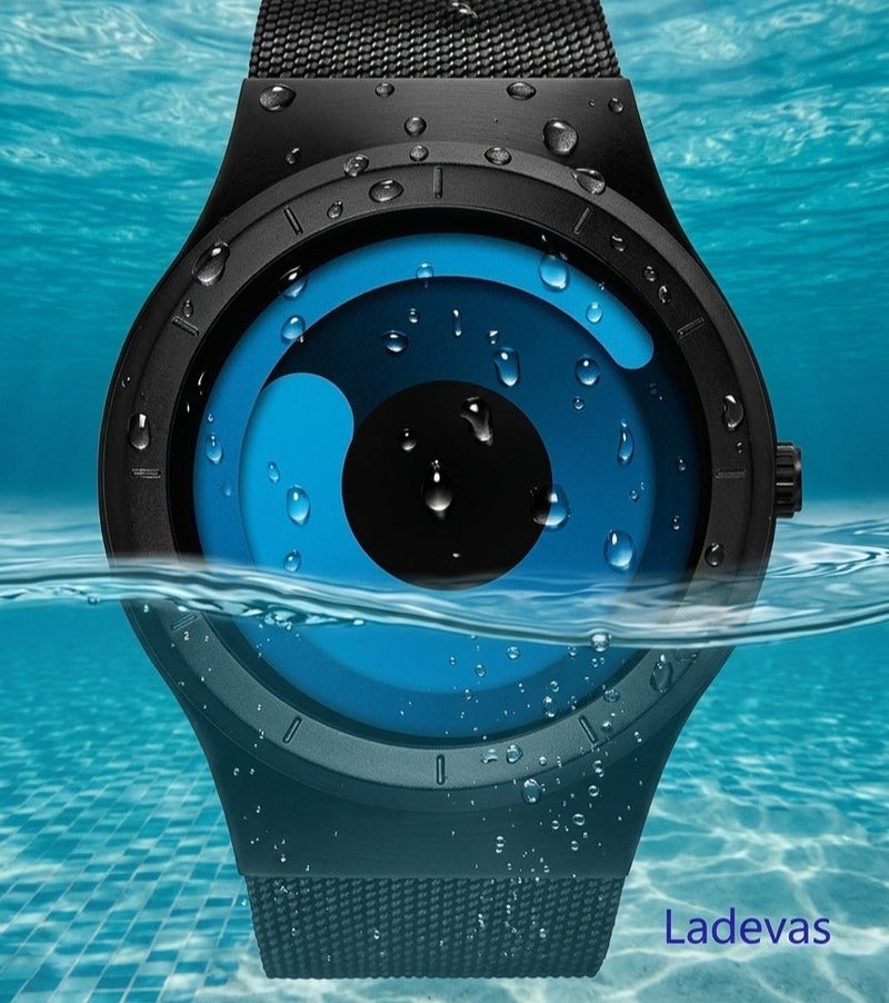 Ladevas Artistic Blue Rotating Disc Watch with Matte Black Frame – Innovative Time Display – Adjustable Mesh Loop Bracelet - Image 4