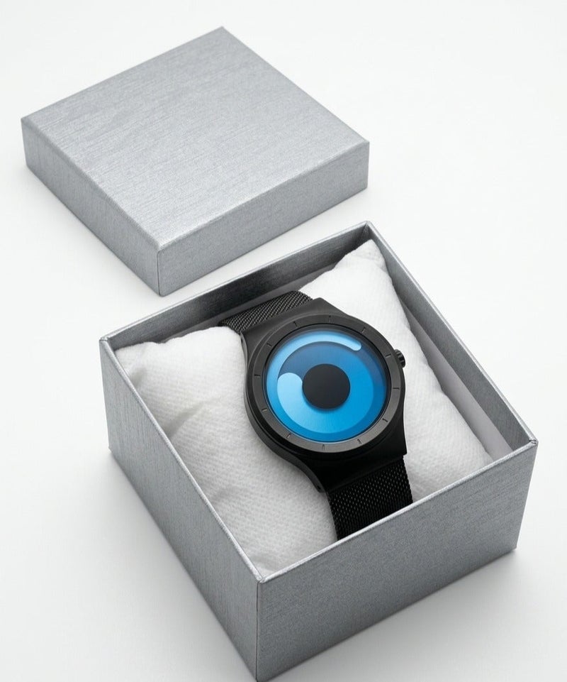 Ladevas Artistic Blue Rotating Disc Watch with Matte Black Frame – Innovative Time Display – Adjustable Mesh Loop Bracelet - Image 5