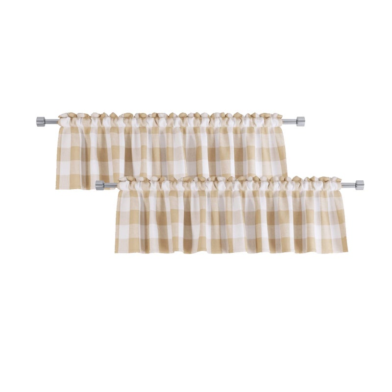 NATUS WEAVER 2 Pack Buffalo Check Valances Gingham Plaid Window Treatment Living Room 18 inches Long Classic Bedroom Bathroom Rod Pocket Country Farmhouse Kitchen Window Curtain Valances - 54""x18"" Beige & White - Image 1