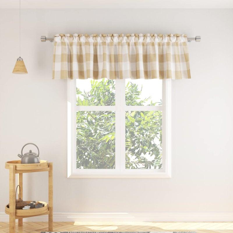 NATUS WEAVER 2 Pack Buffalo Check Valances Gingham Plaid Window Treatment Living Room 18 inches Long Classic Bedroom Bathroom Rod Pocket Country Farmhouse Kitchen Window Curtain Valances - 54""x18"" Beige & White - Image 5