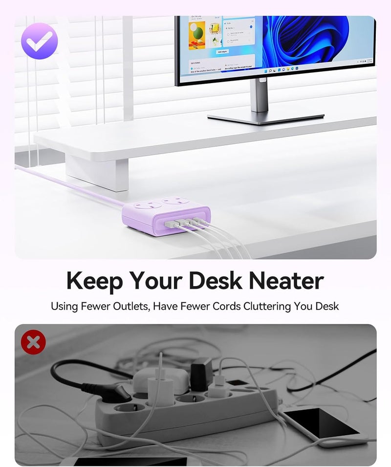 ORICO Extension Lead with USB Slots, 2 Gang Extension Socket with 2 USB C(PD 20W) and 2 USB A, 1.6m Extension Cable, 13A 3250W Desk Power Strip for Bedroom Office Accessories-Purple - Image 4