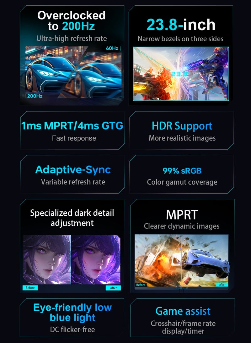 ثوندروبوت شاشة ألعاب مقاس 23.8 بوصة، 200 هرتز - لوحة VA بدقة FHD 1080P مع 99% sRGB، ومزامنة تكيفية (Adaptive-Sync)، ونقطة تصويب (Crosshair)، وHDR 10، واستجابة 1 مللي ثانية، وحماية العين من الضوء الأزرق الخفيف للاستخدام الاحترافي في الألعاب والمكاتب. - Image 3