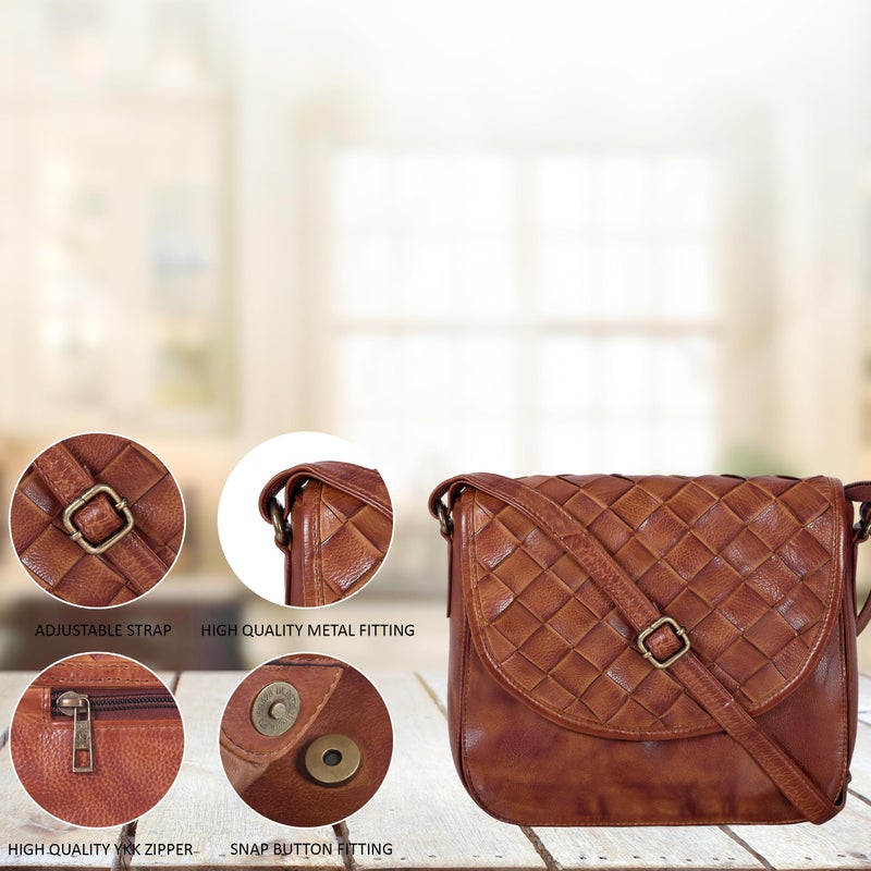 Ozora Genuine Leather Shoulder Crossbody Purse For Women with Adjustable Strap, Mobile Pocket & Outside & Inside Zipper (Tan Weaving Large) - Image 4