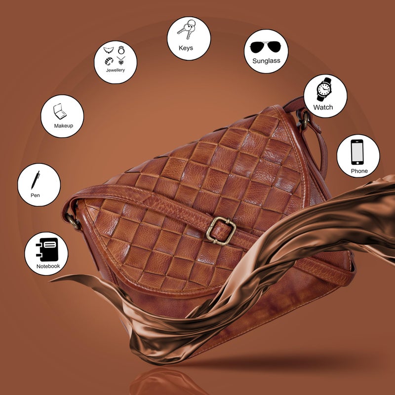 Ozora Genuine Leather Shoulder Crossbody Purse For Women with Adjustable Strap, Mobile Pocket & Outside & Inside Zipper (Tan Weaving Large) - Image 3