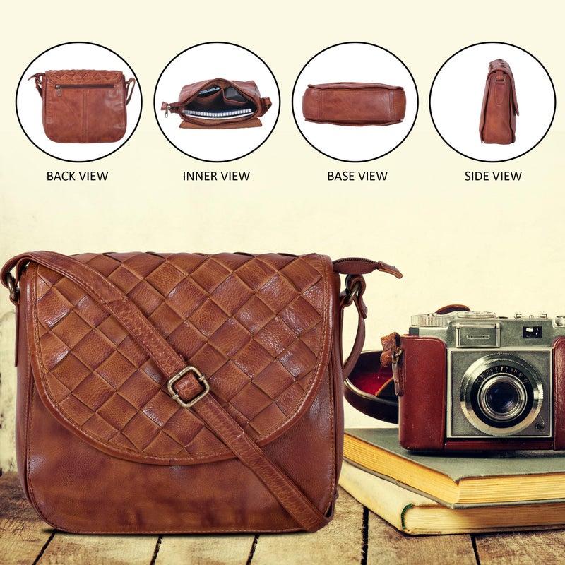 Ozora Genuine Leather Shoulder Crossbody Purse For Women with Adjustable Strap, Mobile Pocket & Outside & Inside Zipper (Tan Weaving Large) - Image 5