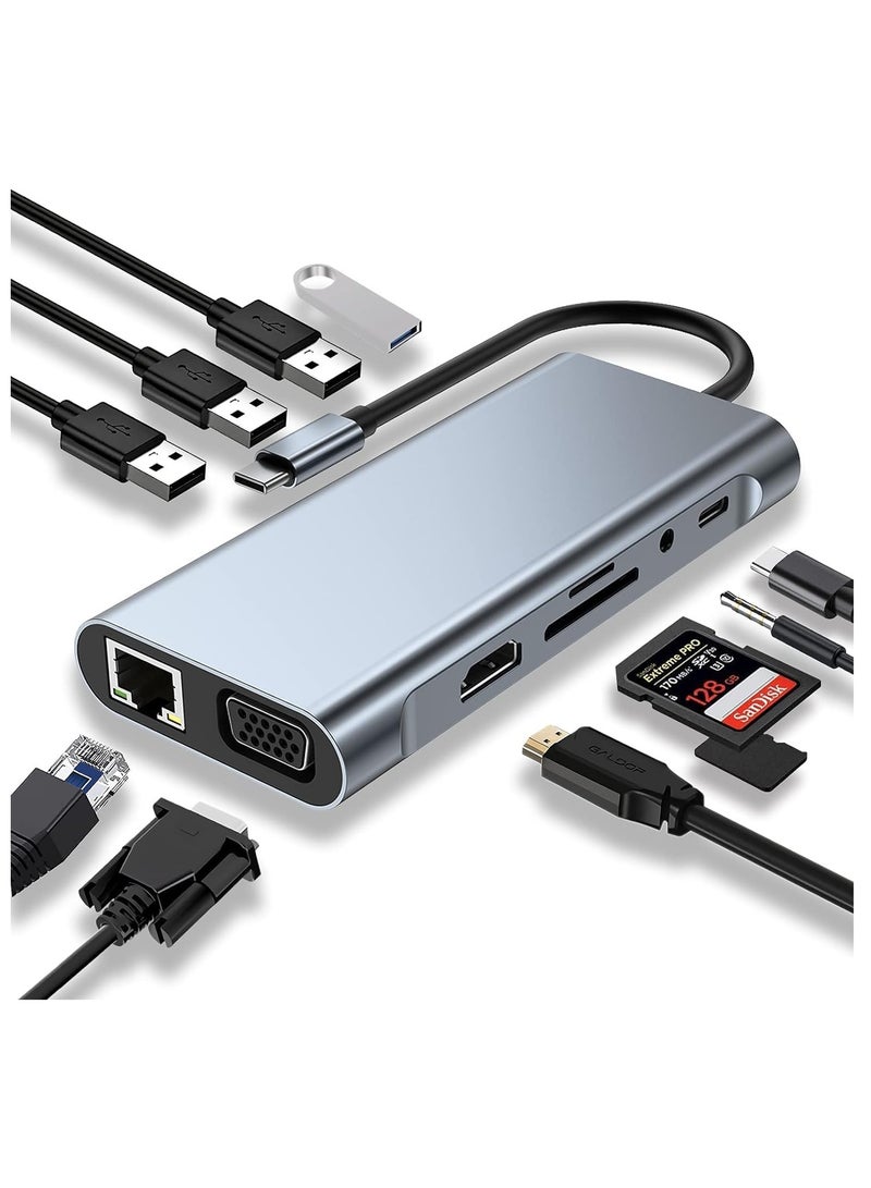 TIGER USB C Hub 11-in-1 Docking Station – 4K HDMI, VGA, Type C PD, USB 3.0, Ethernet, Card Reader – Multiport Adapter for MacBook Pro/Air, Laptop, Chromebook – High-Speed Data Transfer, Fast Charging, Compact, Versatile Connectivity - Image 1