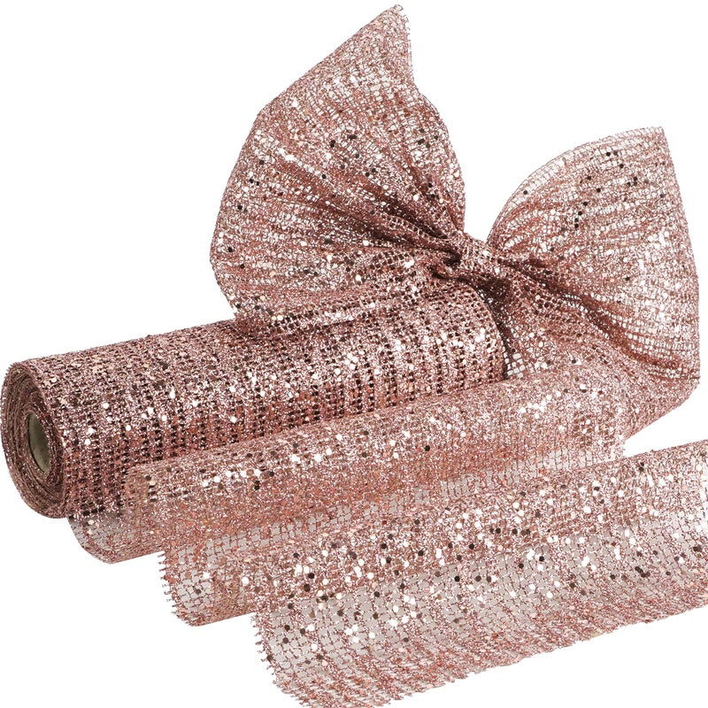 HUIHUANG Rose Gold Mesh Ribbon 10 inch Wide Rose Gold Glitter Christmas Tree Ribbon Mesh Fabric Ribbon for Christmas Tree Decorations Garlands Large Bows Large Box Wrapping Continuous 10 Yards
