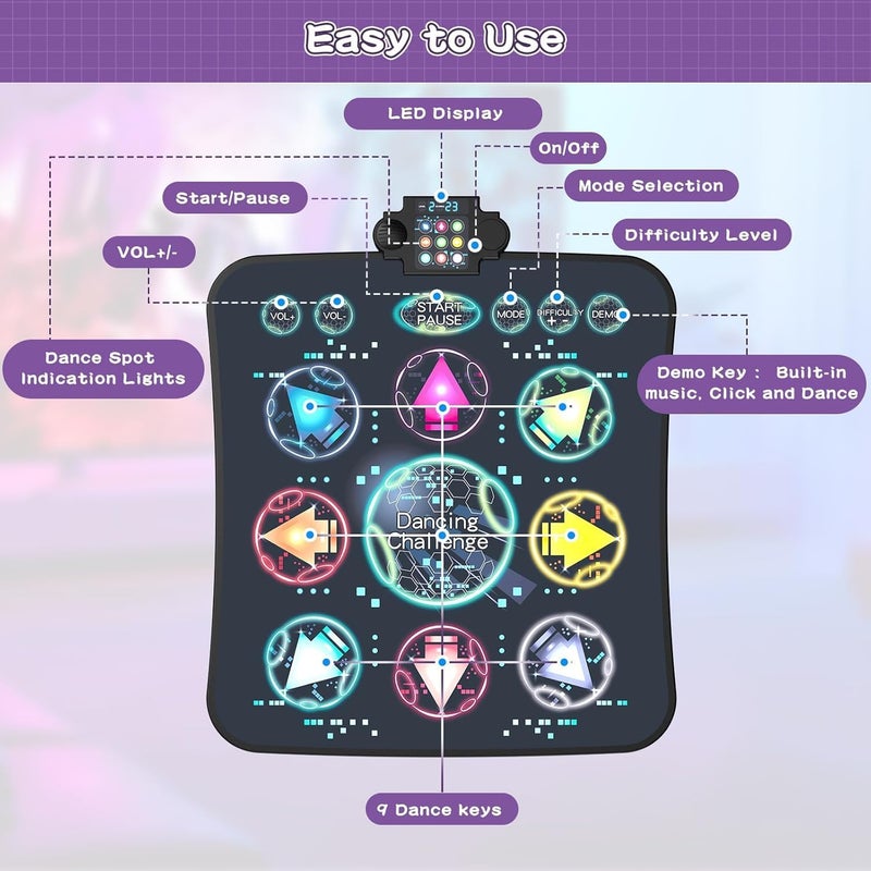 Upgraded Dance Mat Toys for Kids 3+Years, Electronic Dance Pad with Light-Up 9-Buttons, 3 Game Modes, Adjustable 7-Level Volume, 9 LED Game Lights, Birthday for Girls and Boys - Image 3