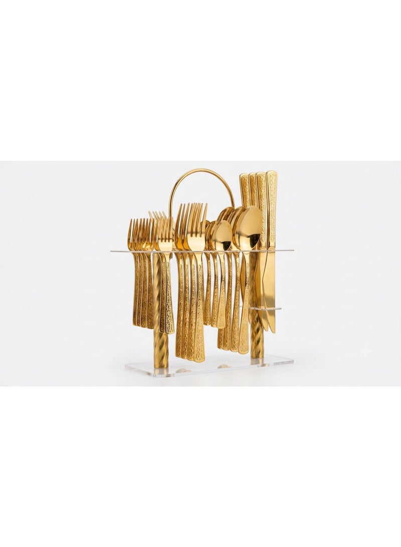 Luxury 30-piece gold-plated stainless steel cutlery set with clear acrylic organizer holder - embossed gold-plated flatware set for special occasions and dining - Image 2