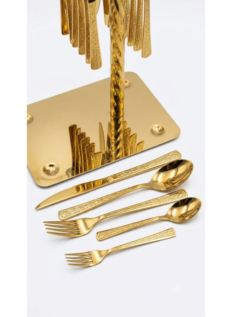 Luxury 30-piece gold-plated stainless steel cutlery set with clear acrylic organizer holder - embossed gold-plated flatware set for special occasions and dining - Image 1