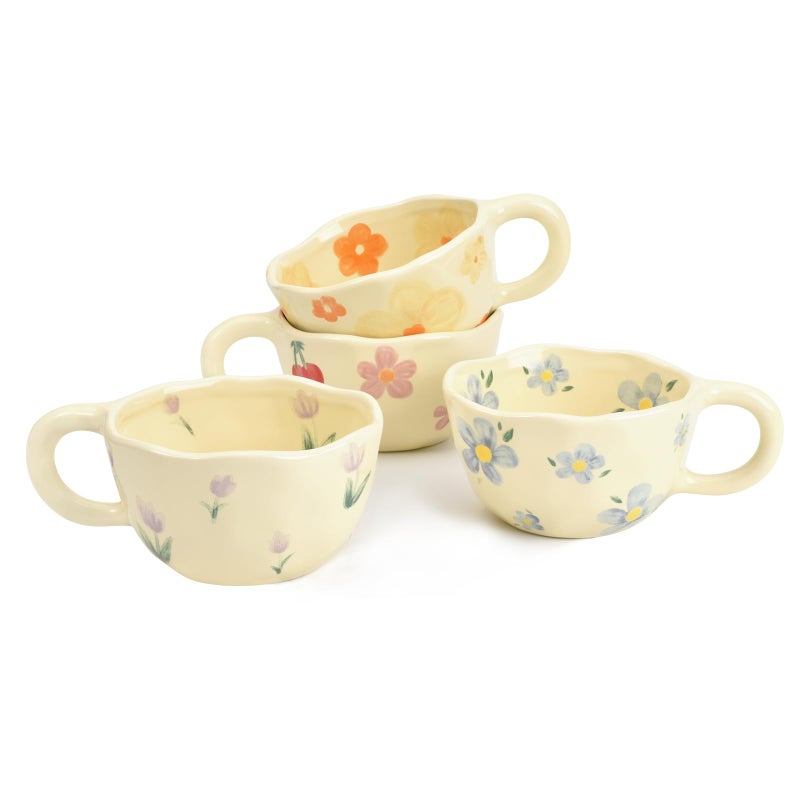 Koythin 4Piece Ceramic Coffee Mugs Creative Flower Mug for Office and Home 85 oz250 ml for Latte Tea Milk Blue Flower Orange Flower Pink Cherry Purple Tulip