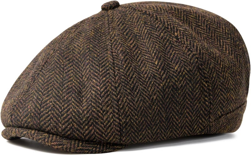 VOBOOM Men Wool Blend 8 Panel Newsboy Cap Herringbone Cabbie Flat Tweed Hat - Image 1