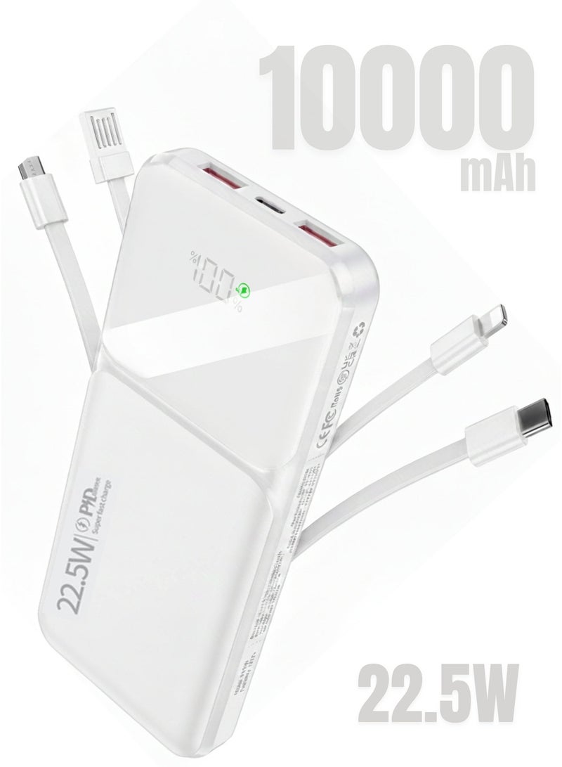 Levino Power Bank 10000mAh 22.5W Fast Charging, Flight Approved Lightweight Portable Powerbank with 4 Built-in Cables (USB, Type-C, Lightning, Mini USB), 2 USB + Type-C Port, Overheat Protection & Auto Charging Stop, Universal Fast Charger – White - Image 3