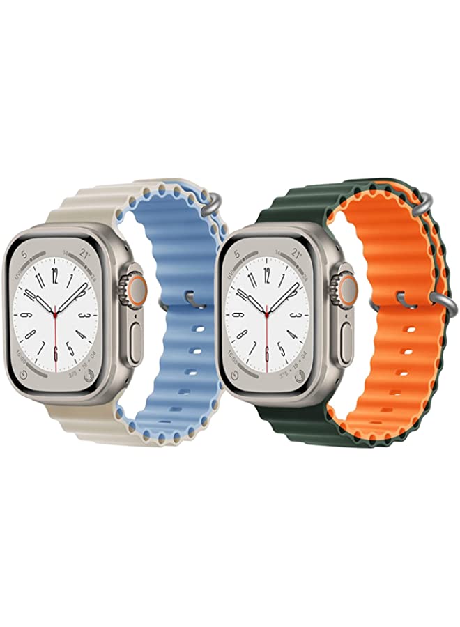 IAF Silicone Ocean Band Strap for Apple Watch Ultra 8 49mm Beige/Sky Blue Double Side Strap with Green/Orange Double Side Strap Set of 2
