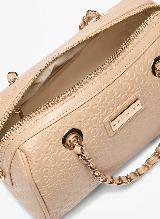 Celeste Women's Monogram Embossed Bowler Bag with Double Handle and Zip Closure