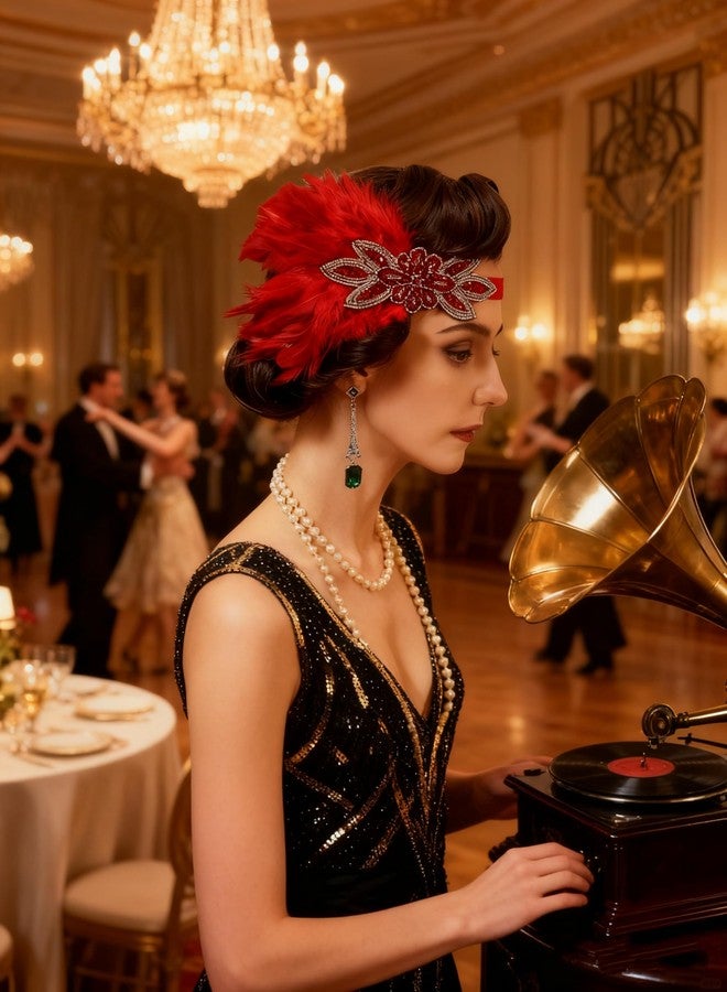 تونج كلاود طوق رأس من الريش من تونغ كلاود، مستوحى من عشرينيات القرن العشرين، قطعة رأس من الريش مستوحاة من فيلم غاتسبي العظيم (أحمر، متوسط) - Image 2