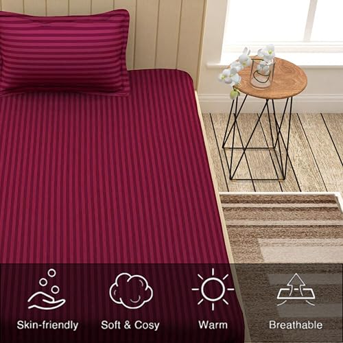Filymore Satin Striped Wine Bedsheet for Single Bed (90x60 inches) with One Pillow Covers, 300 TC Microfiber Solid Design, Perfect for Single, Bed Size. - Image 3