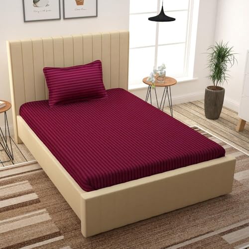 Filymore Satin Striped Wine Bedsheet for Single Bed (90x60 inches) with One Pillow Covers, 300 TC Microfiber Solid Design, Perfect for Single, Bed Size. - Image 1